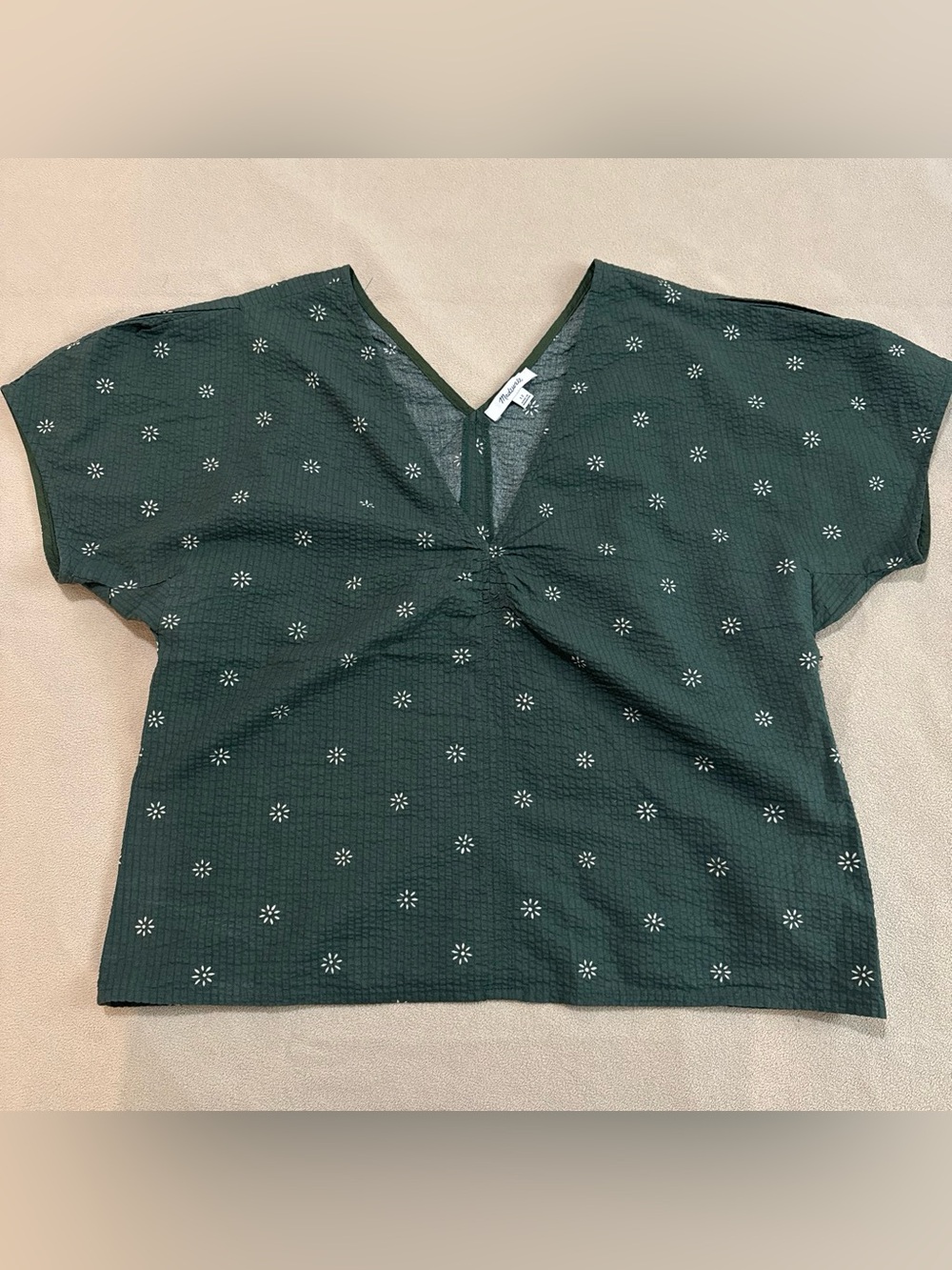 Madewell Forest Green Floral Voile V-Neck Blouse with crepe texture